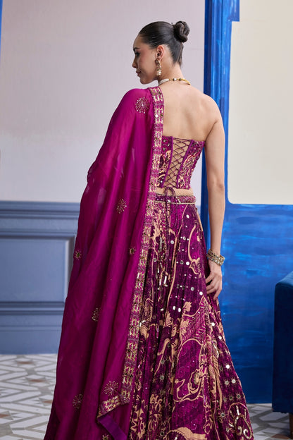 MAGENTA HIGHLIGHTED CORSET WITH LEHENGA & EMBROIDERED DUPATTA SET