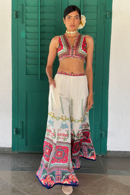 Beige Tussar & Chiffon Printed Co-Ord Set