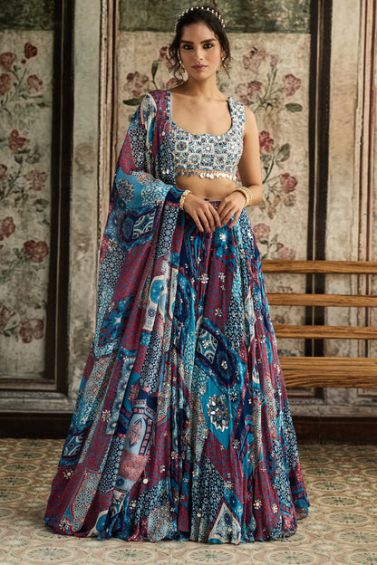 Ivory Butta Print And Highlighted Blouse With Teal Print And Highlighted Lehenga Set