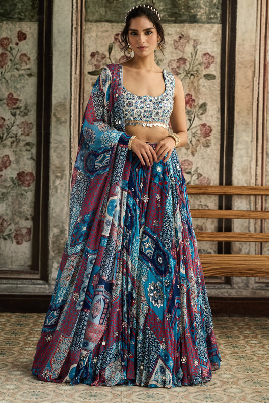 Ivory Butta Print And Highlighted Blouse With Teal Print And Highlighted Lehenga Set