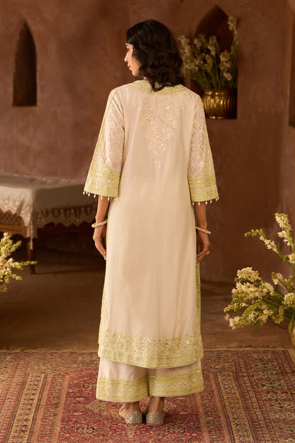 Nurvi - Daisy Ivory With Mint Green Long A-line Kurta With Palazzo And Dupatta