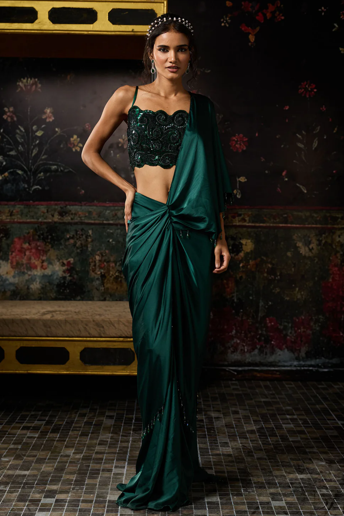 Emerald Green Embellished Dhoti Skirt Saree Set