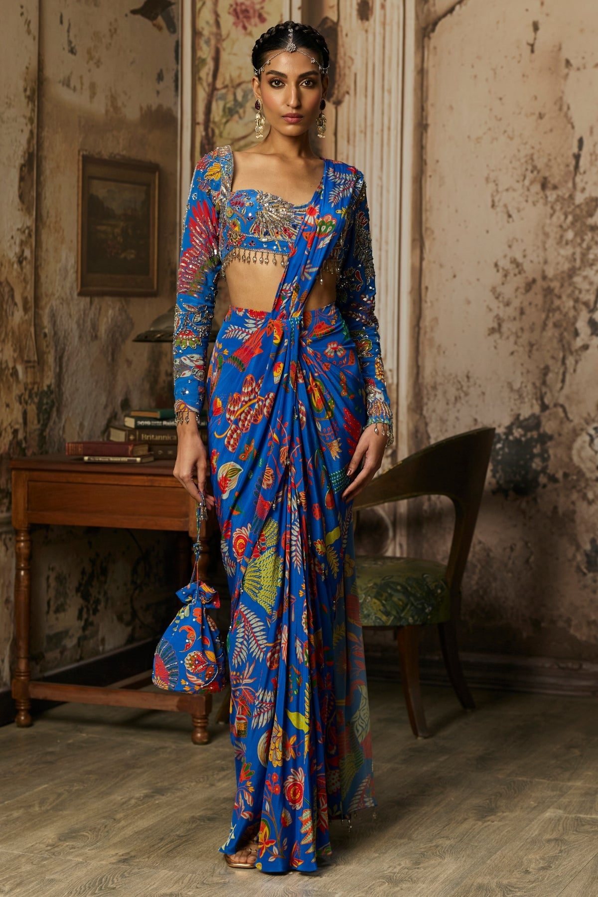 ELECTRIC BLUE PRINTED AND HIGHLIGHTED DHOTI SAREE