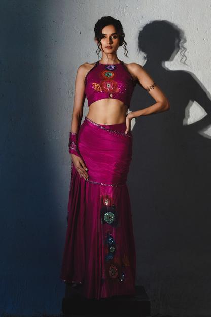 Pink Chiffon Pre-Draped Saree Set