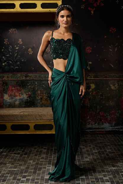 Emerald Green Embellished Dhoti Skirt Saree Set