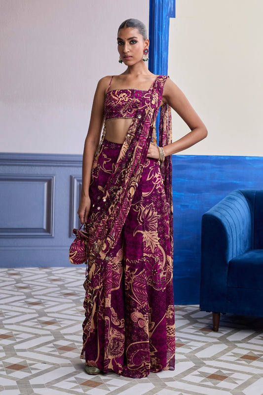 MAGENTA FLORAL TASSEL BLOUSE WITH DRAPE SHARARA SAREE SET