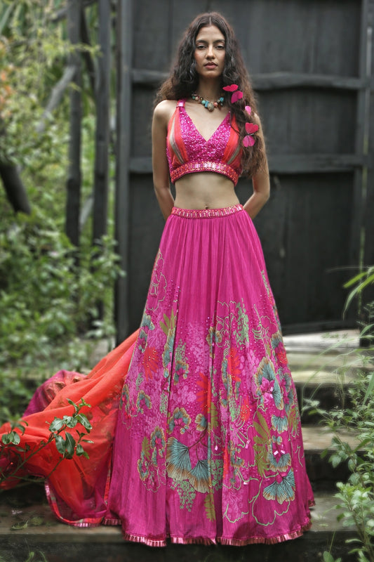 Pink Organza Printed Lehenga Set