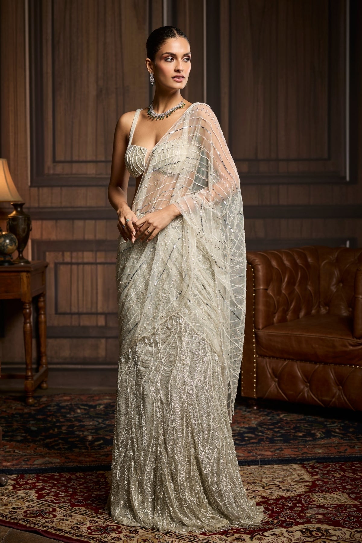 Silver Embellished Pre-draped Skirt Saree Set