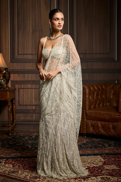Silver Embellished Pre-draped Skirt Saree Set