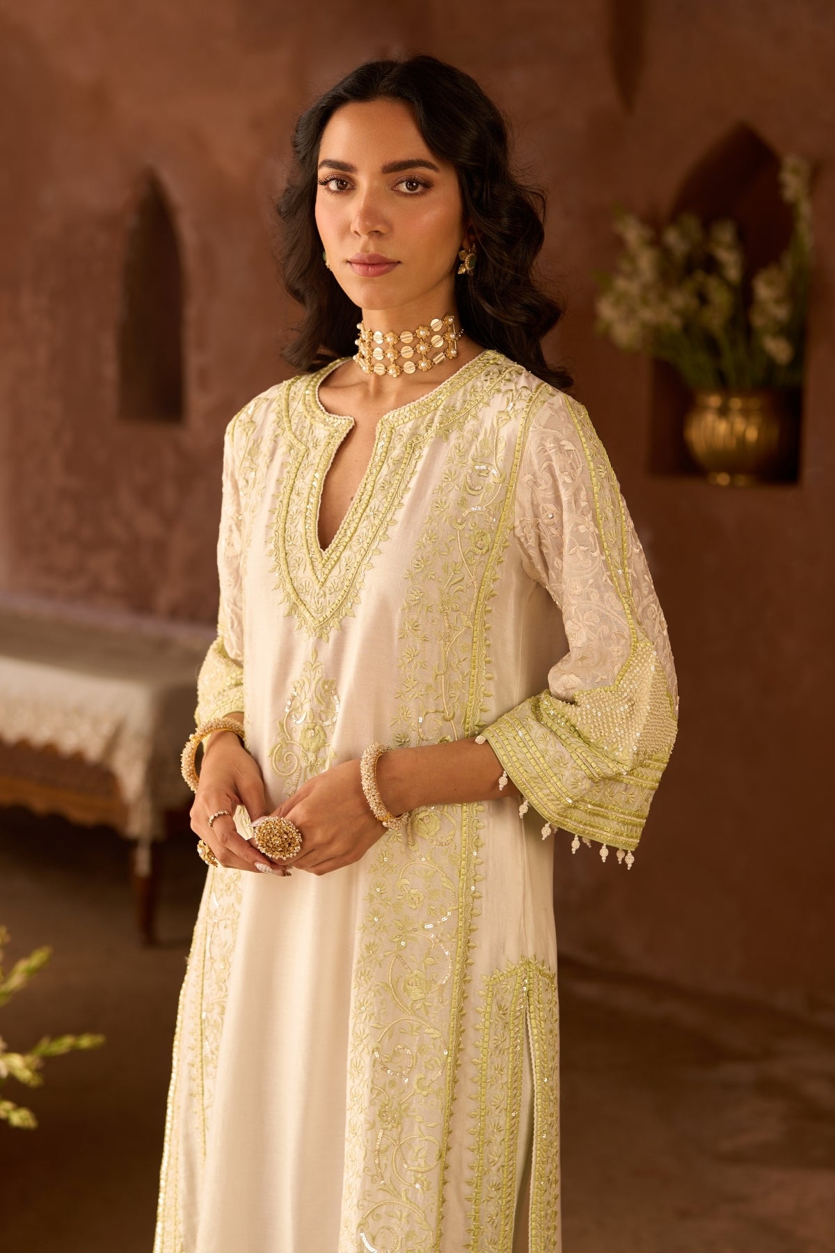 Nurvi - Daisy Ivory With Mint Green Long A-line Kurta With Palazzo And Dupatta