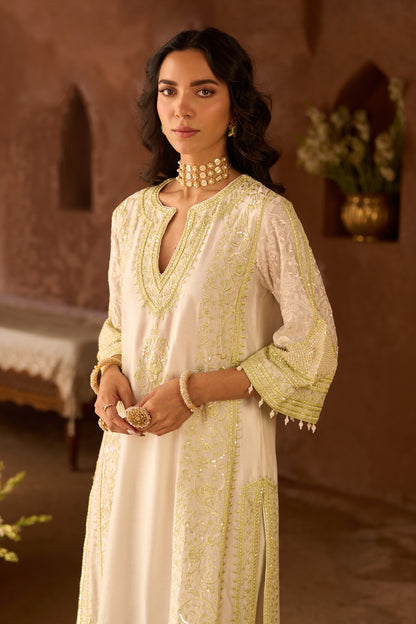 Nurvi - Daisy Ivory With Mint Green Long A-line Kurta With Palazzo And Dupatta