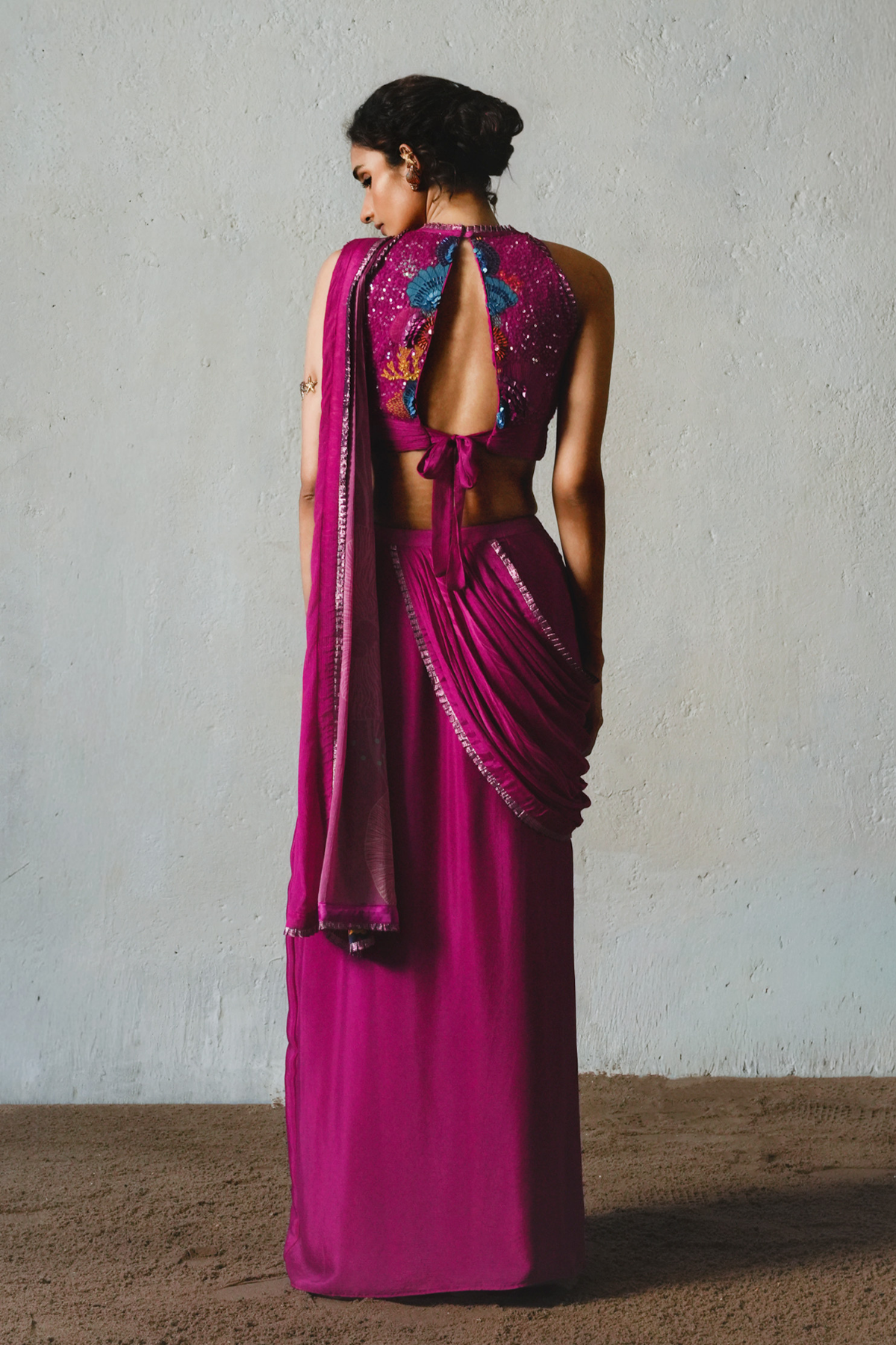 Pink Chiffon Pre-Draped Saree Set