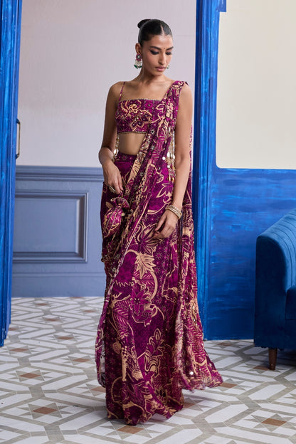 MAGENTA FLORAL TASSEL BLOUSE WITH DRAPE SHARARA SAREE SET