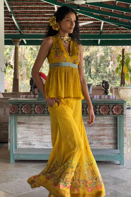 Mustard Chiffon Printed & Embroidered Co-Ord Set