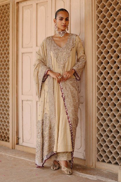 Rooh – Gold Tissue Long Kalidaar Anarkali Set with Palazzo & Dupatta