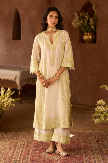 Nurvi - Daisy Ivory With Mint Green Long A-line Kurta With Palazzo And Dupatta