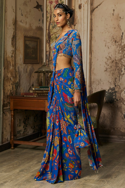 ELECTRIC BLUE PRINTED AND HIGHLIGHTED DHOTI SAREE