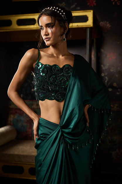 Emerald Green Embellished Dhoti Skirt Saree Set