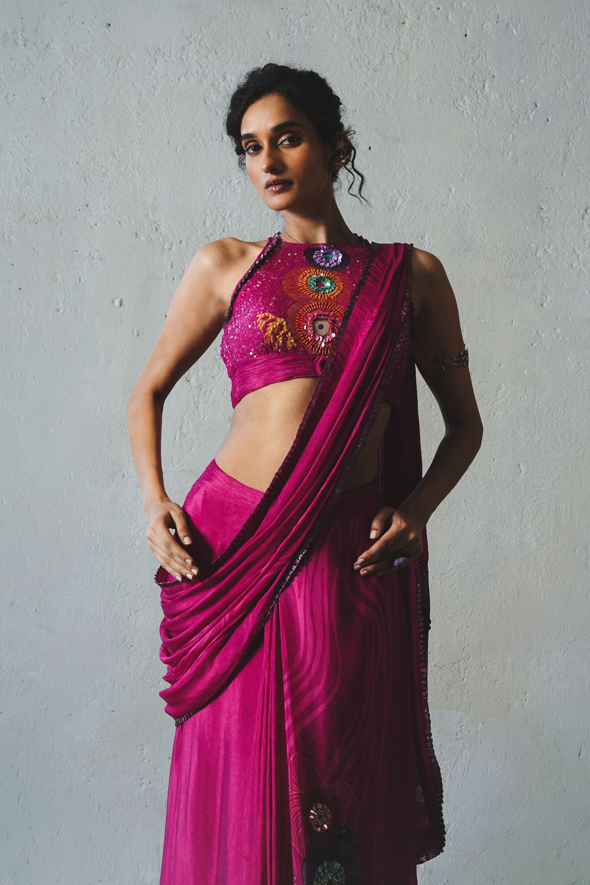 Pink Chiffon Pre-Draped Saree Set