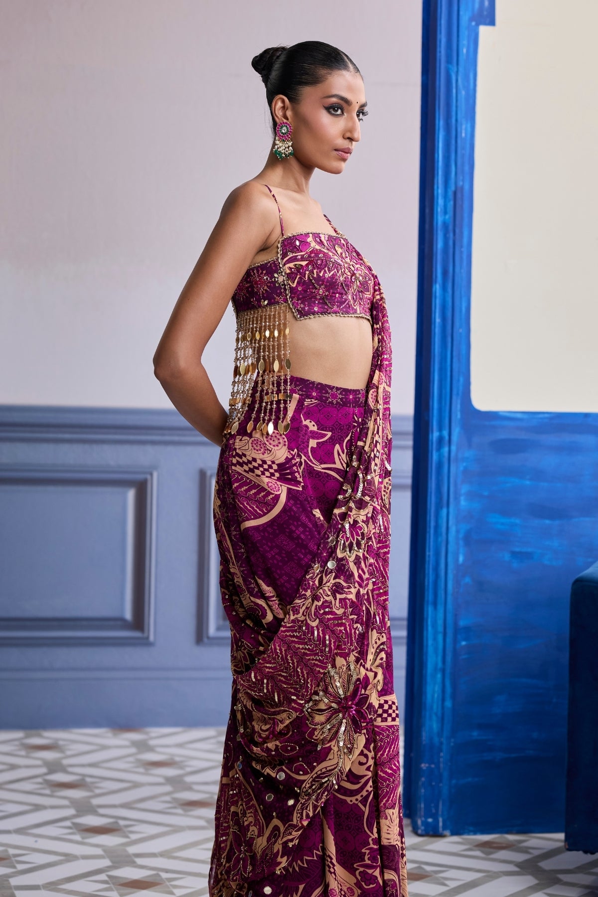 MAGENTA FLORAL TASSEL BLOUSE WITH DRAPE SHARARA SAREE SET