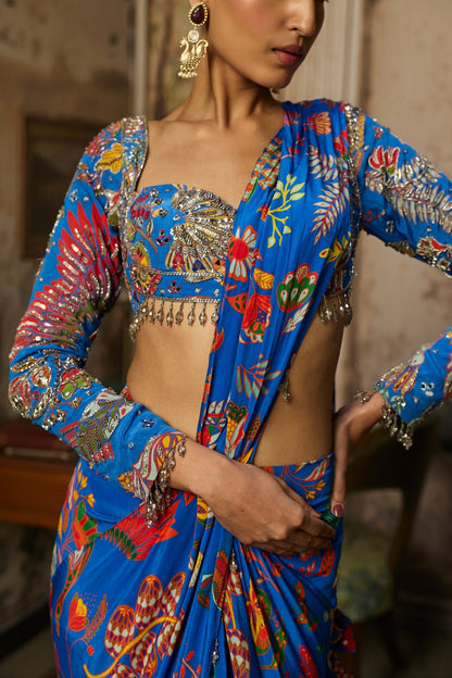 ELECTRIC BLUE PRINTED AND HIGHLIGHTED DHOTI SAREE