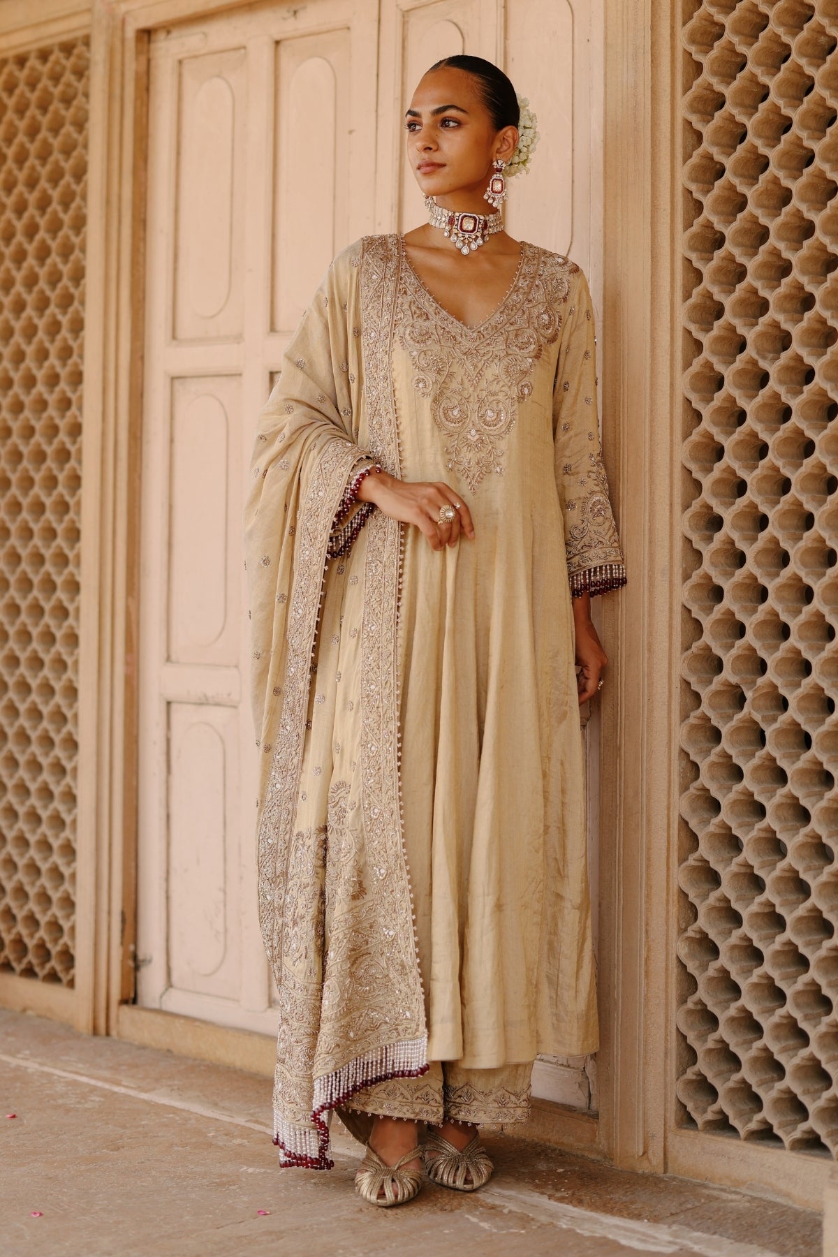 Rooh – Gold Tissue Long Kalidaar Anarkali Set with Palazzo & Dupatta