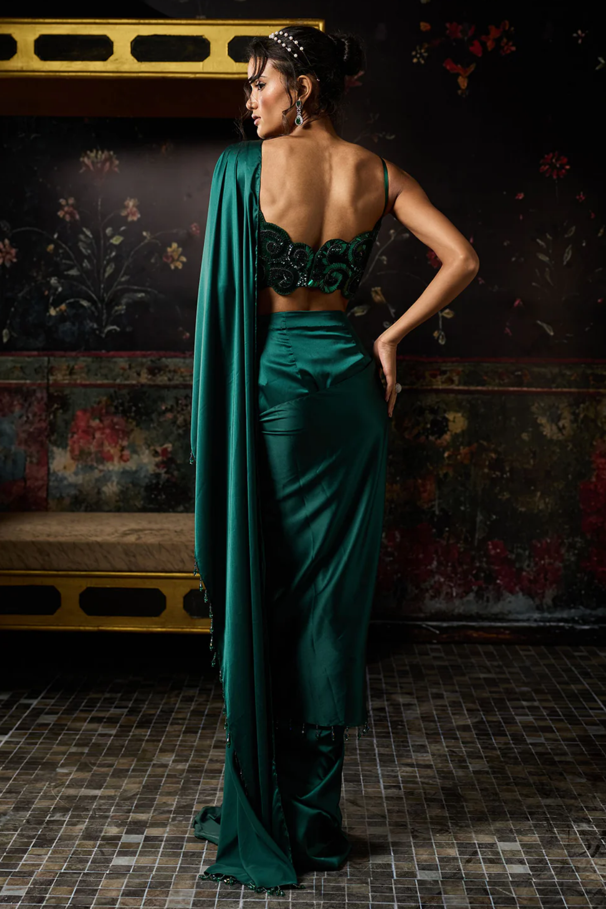 Emerald Green Embellished Dhoti Skirt Saree Set
