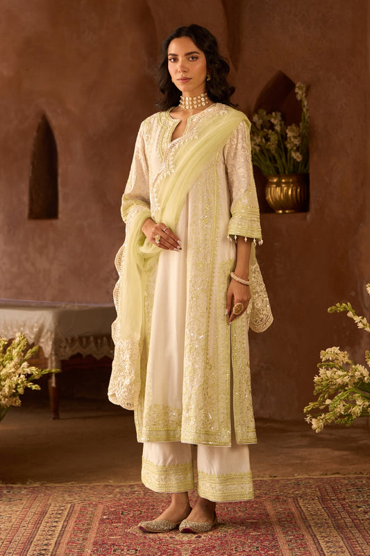 Nurvi - Daisy Ivory With Mint Green Long A-line Kurta With Palazzo And Dupatta