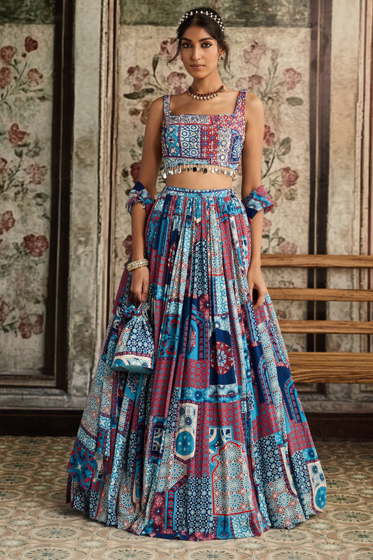 TEAL PRINT AND HIGHLIGHTED SQUARE NECK BLOUSE WITH LEHENGA SET