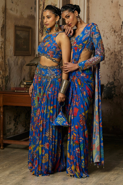 ELECTRIC BLUE PRINTED AND HIGHLIGHTED DHOTI SAREE