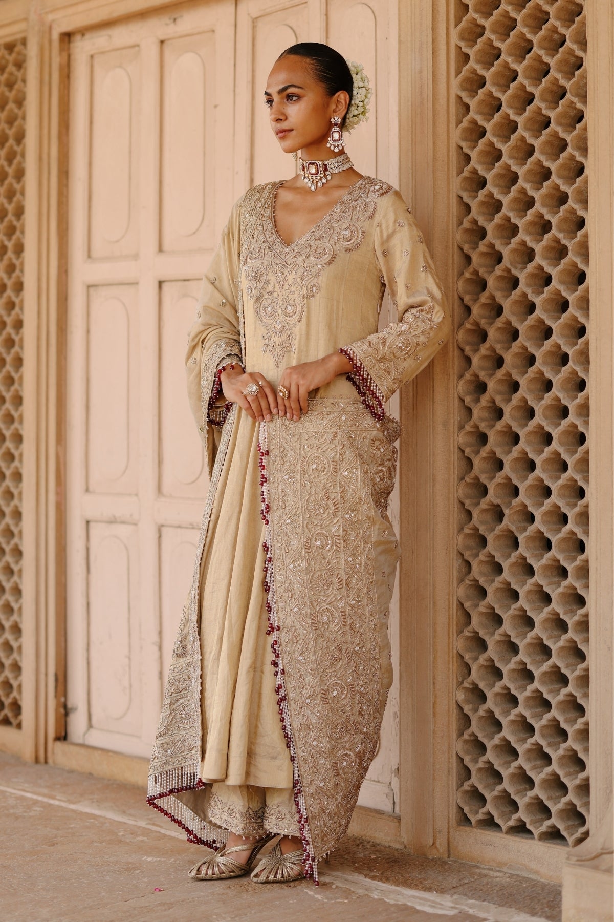 Rooh – Gold Tissue Long Kalidaar Anarkali Set with Palazzo & Dupatta