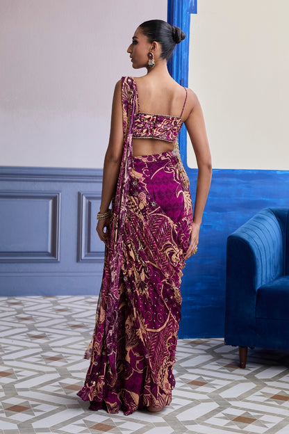MAGENTA FLORAL TASSEL BLOUSE WITH DRAPE SHARARA SAREE SET