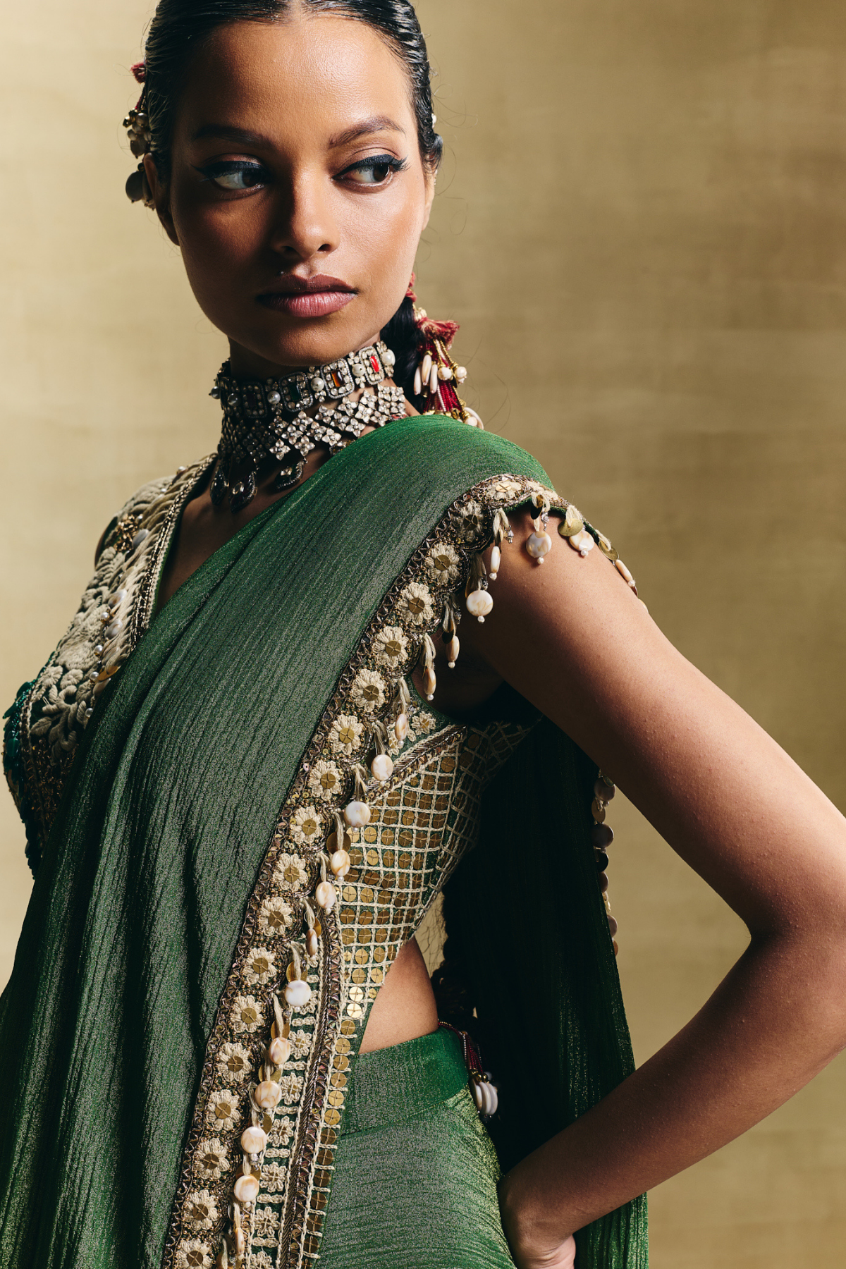 Green Embroidered Saree Set