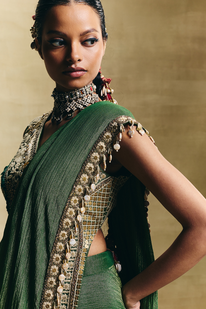 Green Embroidered Saree Set