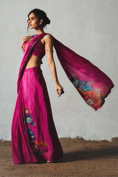 Pink Chiffon Pre-Draped Saree Set