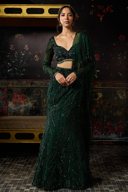 Emerald Green Embellished Mermaid Skirt Saree Set