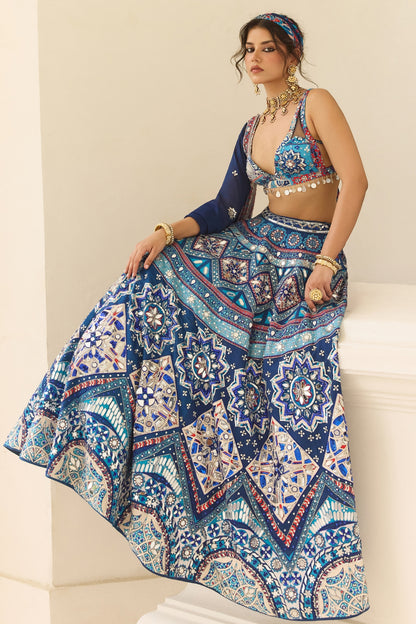 TEAL PRINT AND AND HIGHLIGHTED LEHENGA SET