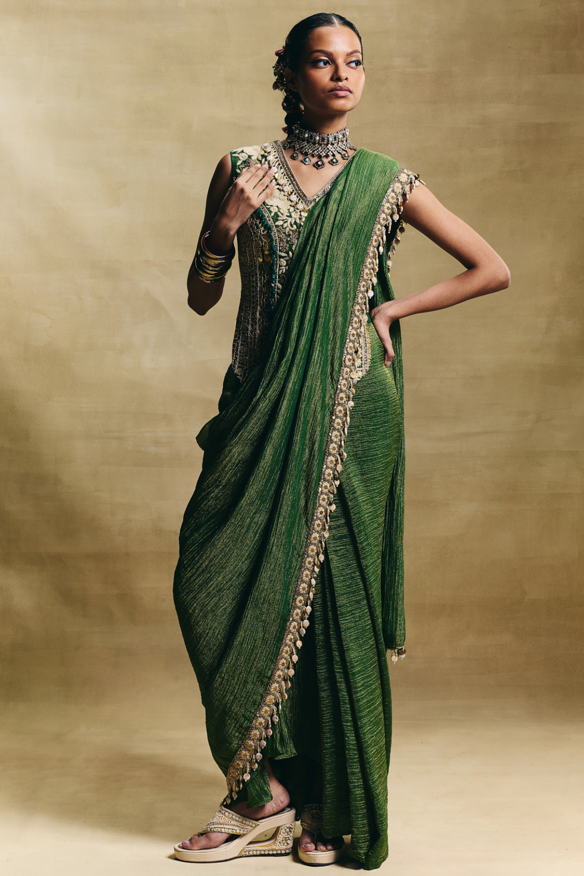 Green Embroidered Saree Set