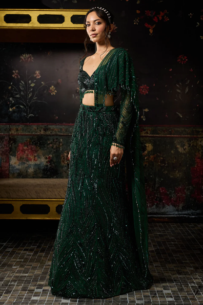 Emerald Green Embellished Mermaid Skirt Saree Set