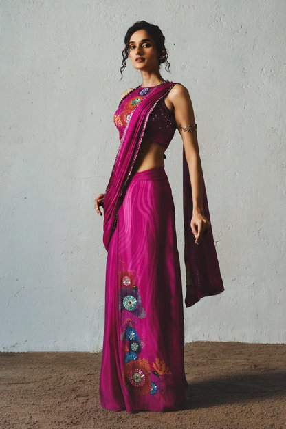 Pink Chiffon Pre-Draped Saree Set