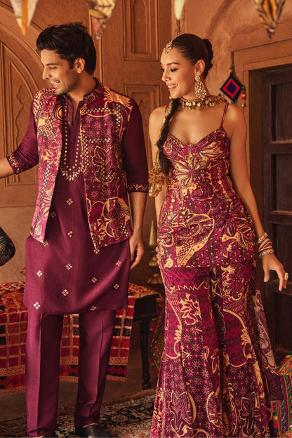 MAGENTA FLORAL STRUCTURED KURTI WITH BELL BOTTOM PANTS & CHOKER DUPATTA SET