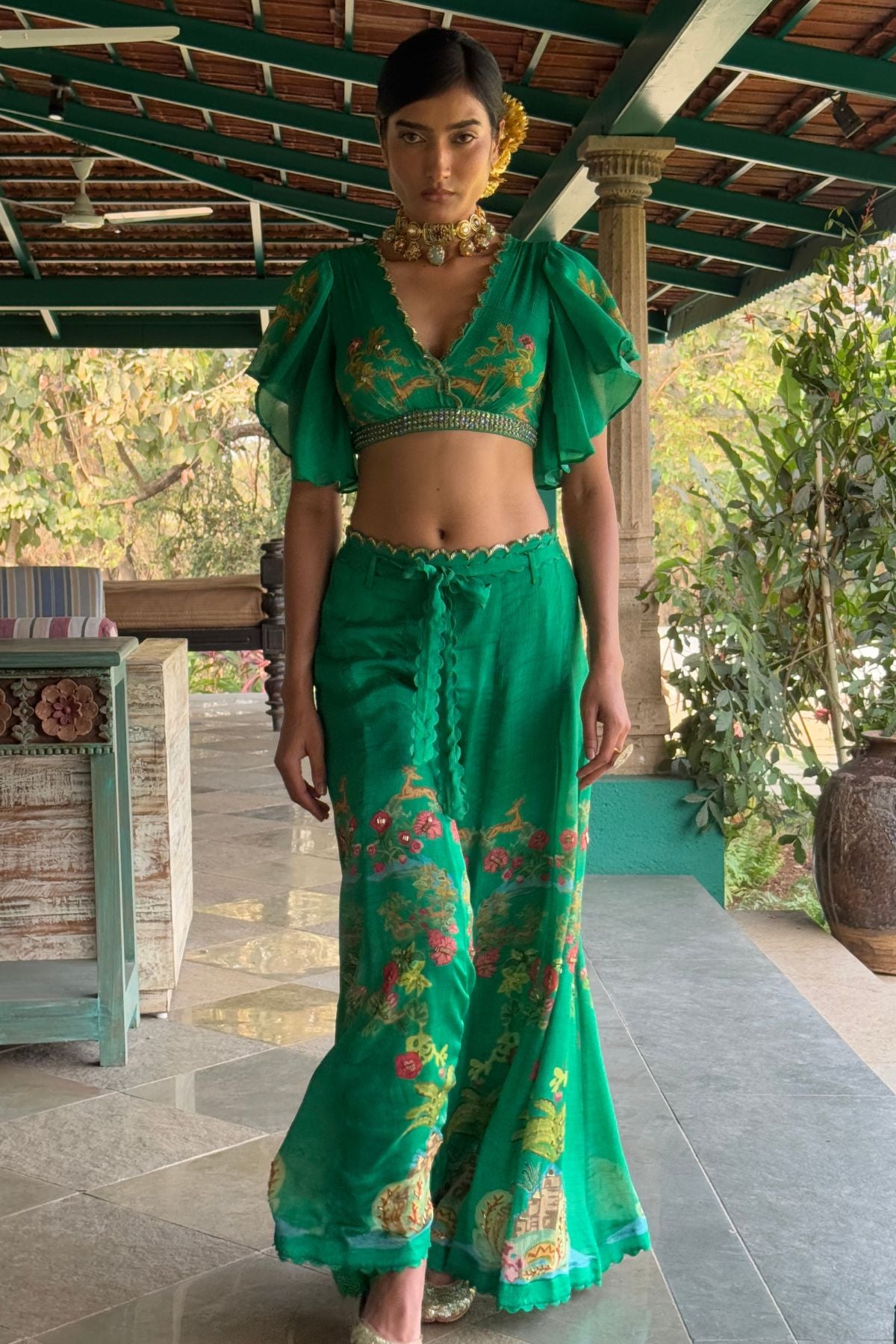 Emerald Green Chiffon Embroidered Co-Ord Set