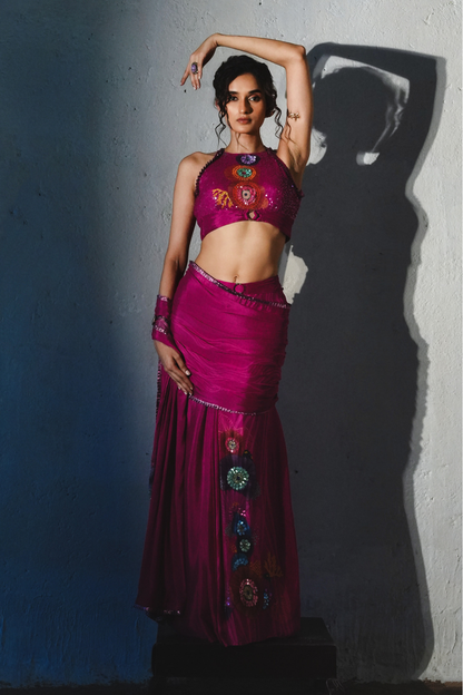 Pink Chiffon Pre-Draped Saree Set