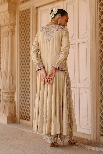 Rooh – Gold Tissue Long Kalidaar Anarkali Set with Palazzo & Dupatta