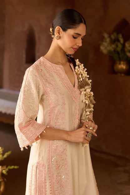 Nurvi - Daisy Ivory With Pink Long A-line Kurta With Palazzo And Dupatta