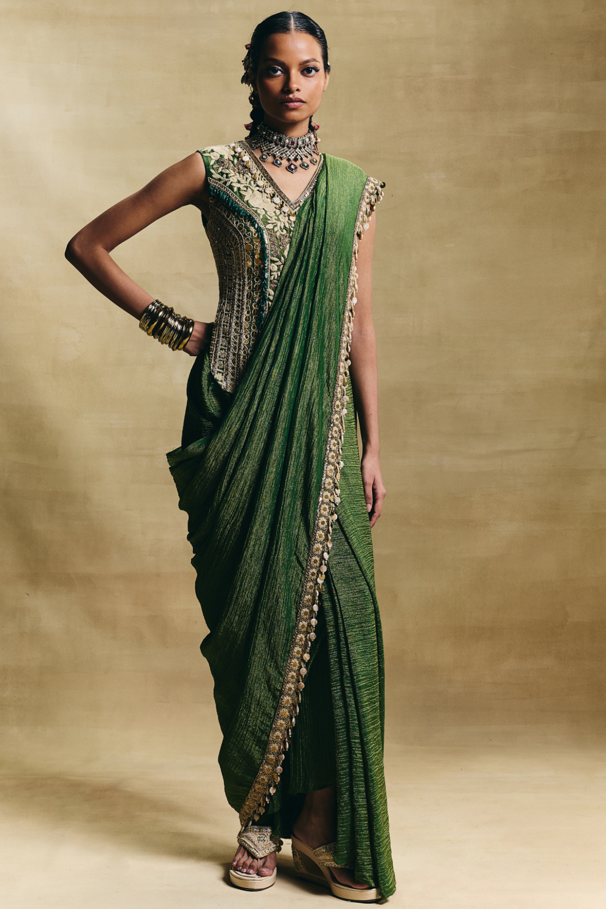 Green Embroidered Saree Set