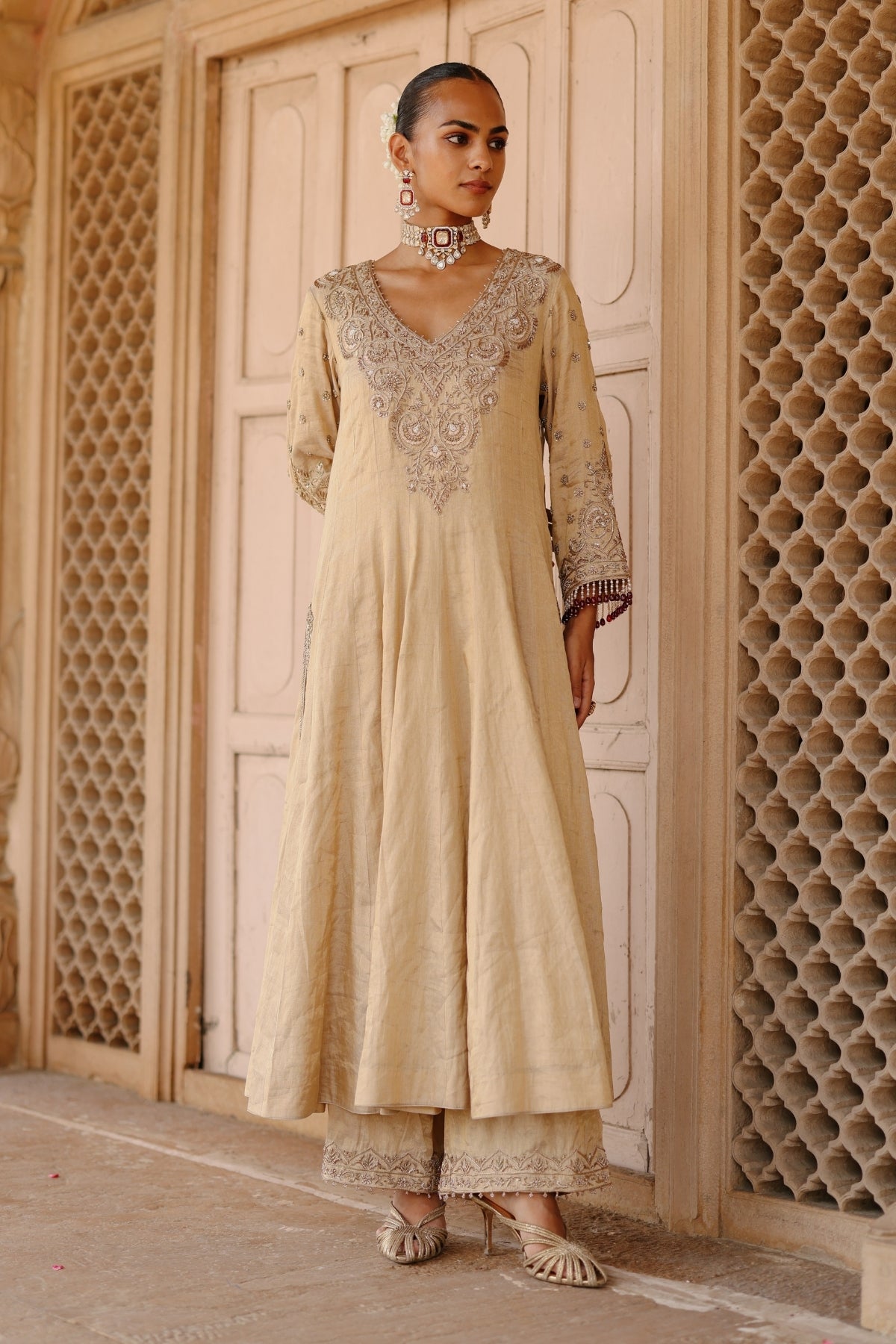 Rooh – Gold Tissue Long Kalidaar Anarkali Set with Palazzo & Dupatta