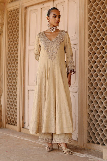 Rooh – Gold Tissue Long Kalidaar Anarkali Set with Palazzo & Dupatta