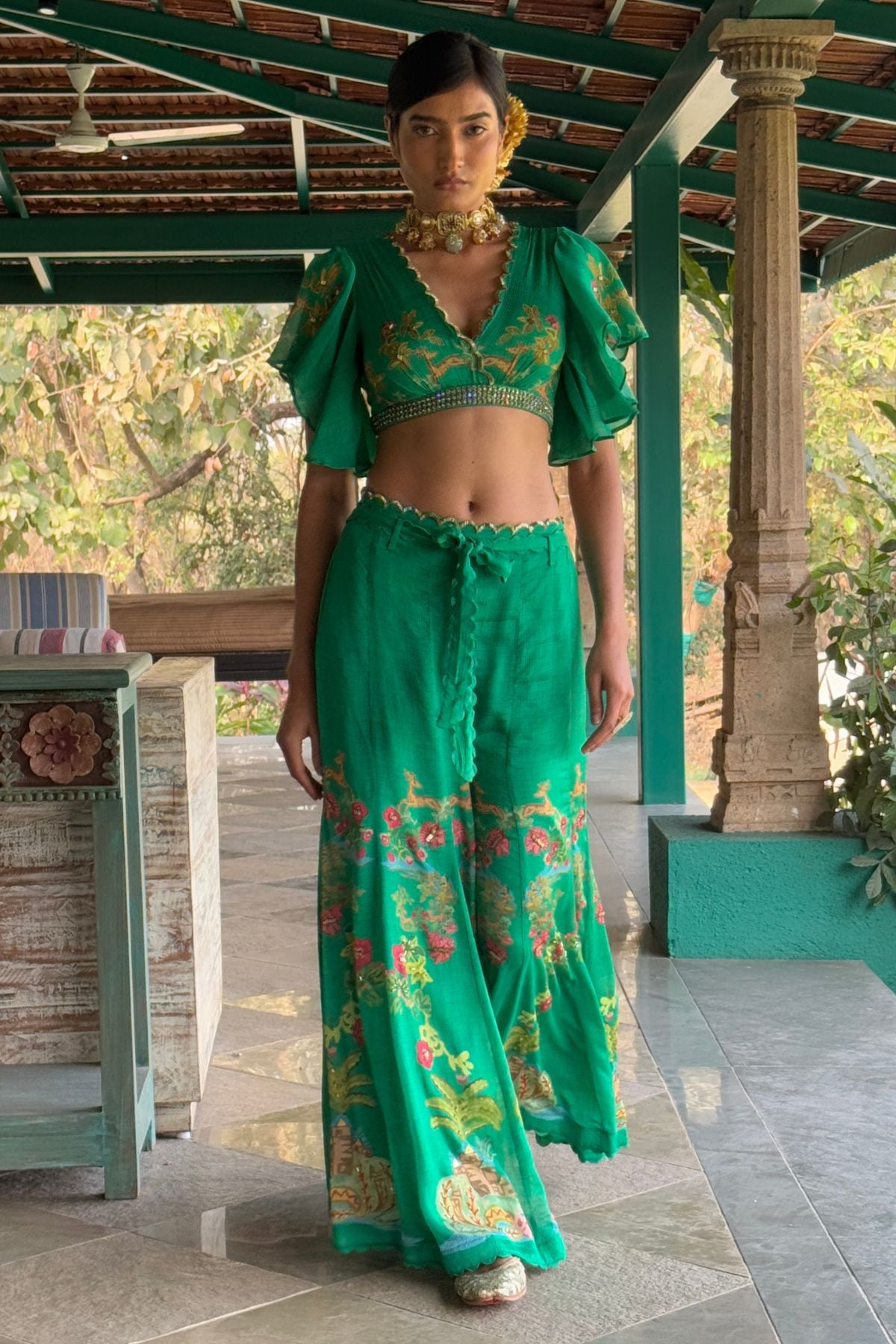 Emerald Green Chiffon Embroidered Co-Ord Set