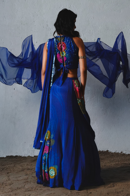 Blue Chiffon Handwork Pre-Draped Saree Set